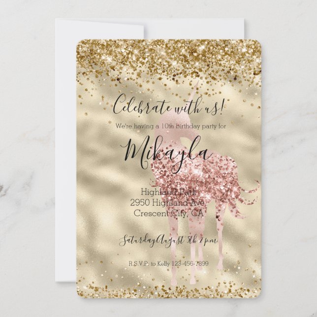 Girly Pink Unicorn Gold Glitter Sparkle Confetti Invitation (Front)