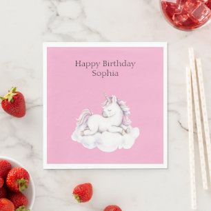 Girly Pink Unicorn on Cloud Birthday Napkins