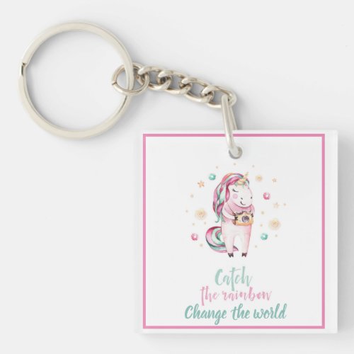 Girly Pink Unicorn Photo Name Keychain