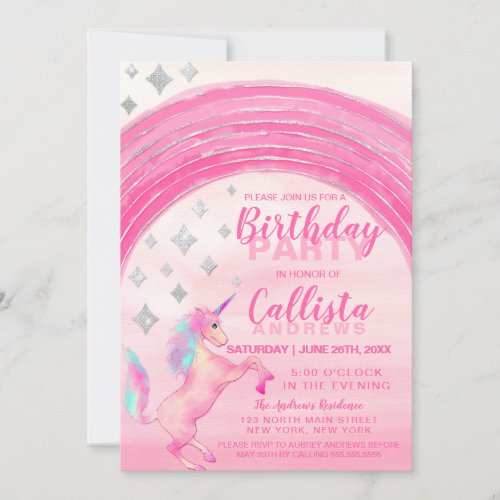 Girly Pink Unicorn Rainbow Watercolor Birthday Invitation