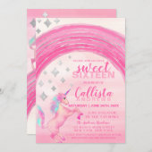Girly Pink Unicorn Rainbow Watercolor Sweet 16 Invitation (Front/Back)