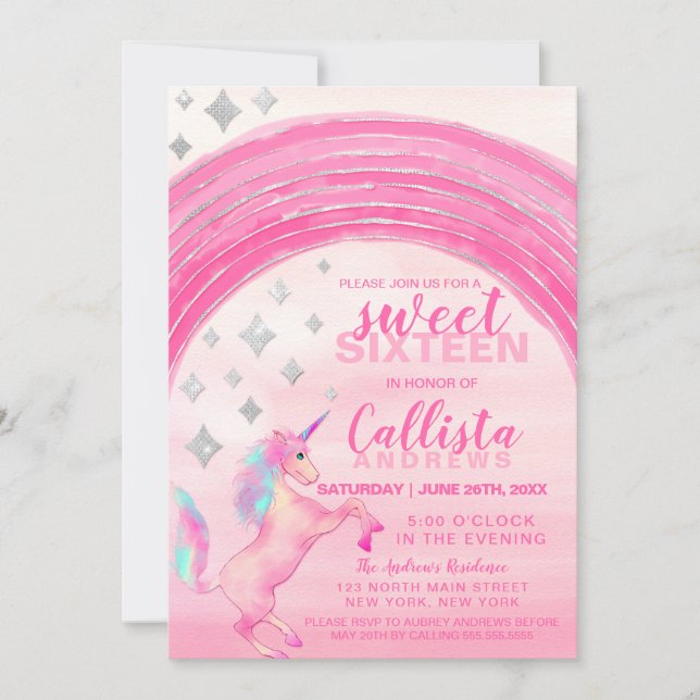 Girly Pink Unicorn Rainbow Watercolor Sweet 16 Invitation (Front)