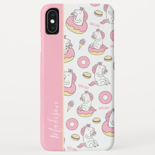 Girly Pink Unicorns and Donuts Pattern with Name iPhone XS Max Case