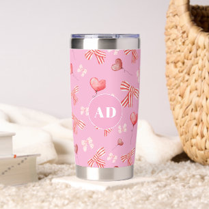 Girly PInk Valentine Bows and Heart Balloons Insulated Tumbler