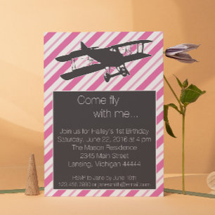 Girly Pink Vintage Airplane Birthday Invite