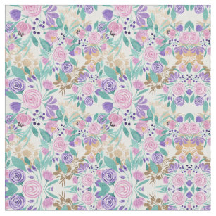 Girly Pink Violet Purple Gold Watercolor Flowers Fabric