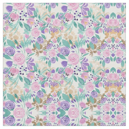 Girly Pink Violet Purple Gold Watercolor Flowers Fabric