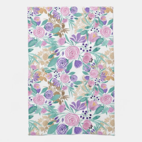 Girly Pink Violet Purple Gold Watercolor Flowers Kitchen Towel