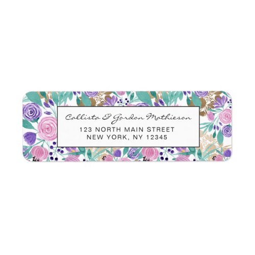 Girly Pink Violet Purple Gold Watercolor Flowers Label