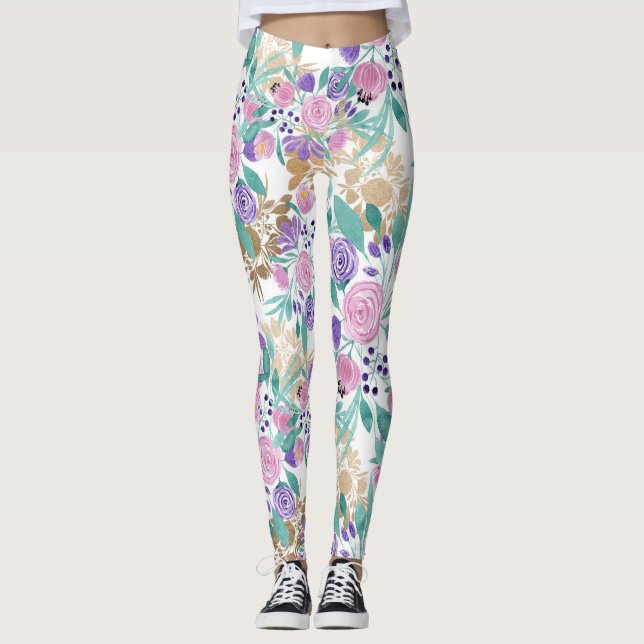 Girly Pink Violet Purple Gold Watercolor Flowers Leggings (Front)