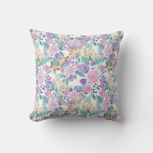 Girly Pink Violet Purple Gold Watercolor Flowers Outdoor Pillow