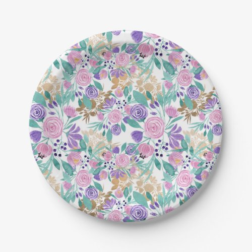 Girly Pink Violet Purple Gold Watercolor Flowers Paper Plates