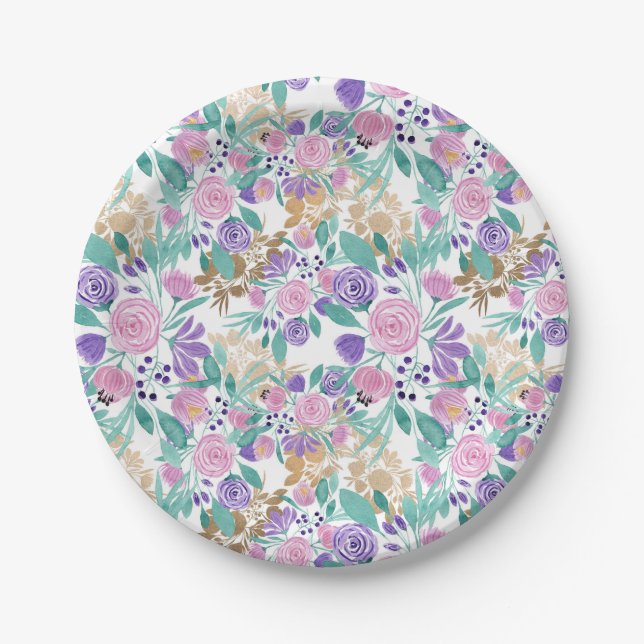 Girly Pink Violet Purple Gold Watercolor Flowers Paper Plates (Front)
