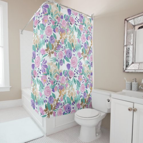 Girly Pink Violet Purple Gold Watercolor Flowers Shower Curtain