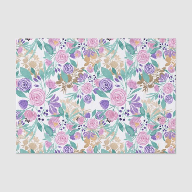Girly Pink Violet Purple Gold Watercolor Flowers Tissue Paper (Front)