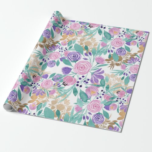 Girly Pink Violet Purple Gold Watercolor Flowers Wrapping Paper