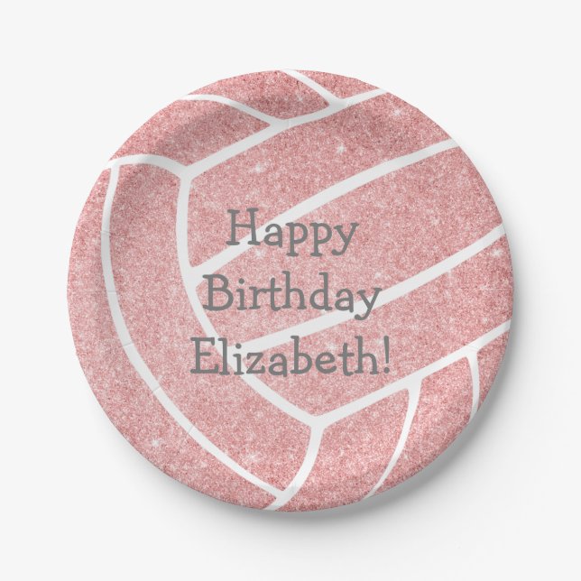 girly pink volleyball birthday party paper plates (Front)