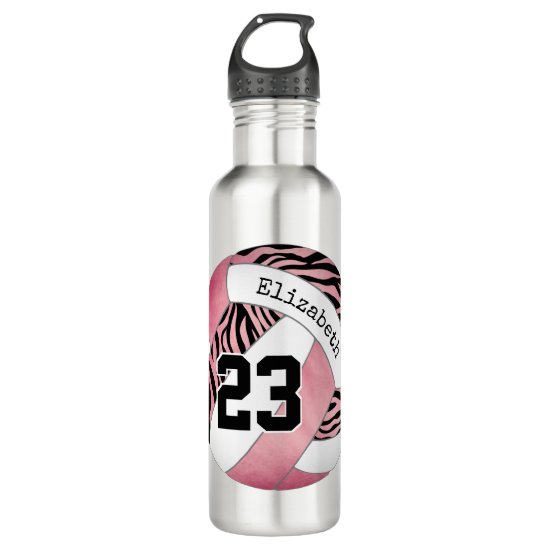 girly pink w zebra pattern personalized volleyball stainless steel water bottle