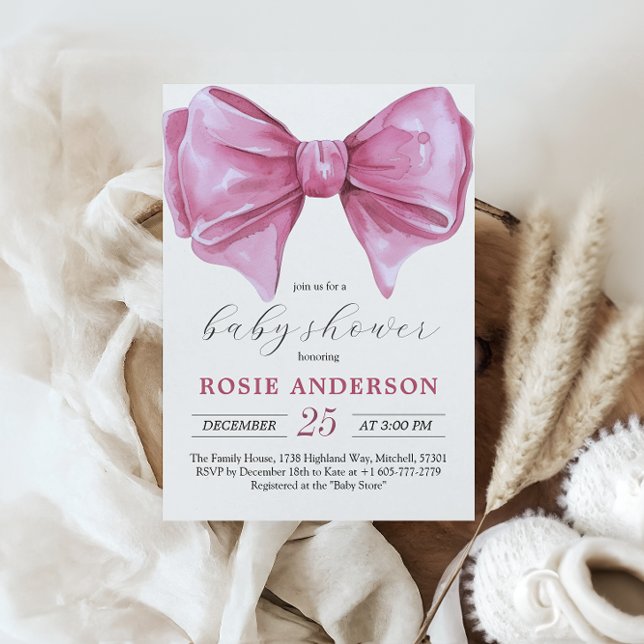 Girly Pink Watercolor Bow Baby Shower Invitation (Girly Pink Watercolor Bow Baby Shower Invitation)