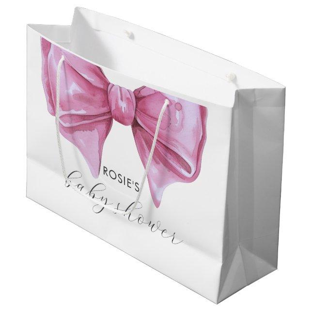Girly Pink Watercolor Bow Baby Shower Large Gift Bag (Front Angled)