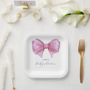 Girly Pink Watercolor Bow Baby Shower Paper Plates