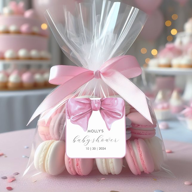 Girly Pink Watercolor Bow Baby Shower Square Sticker (Girly Pink Watercolor Bow Baby Shower Square Sticker)