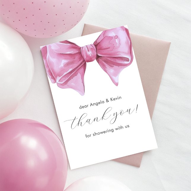 Girly Pink Watercolor Bow Baby Shower Thank You Card (Girly Pink Watercolor Bow Baby Shower Thank You Card)