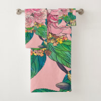 Girly Pink Watercolor Floral Hand Paint Bath Towel Set