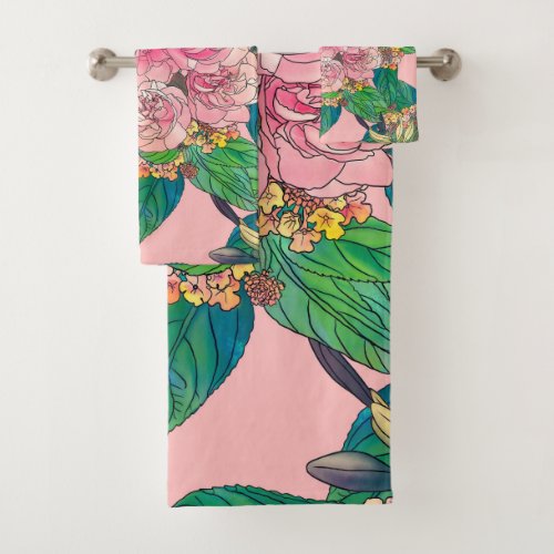 Girly Pink Watercolor Floral Hand Paint Bath Towel Set