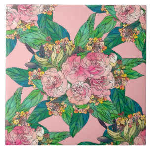 Girly Pink Watercolor Floral Hand Paint Ceramic Tile