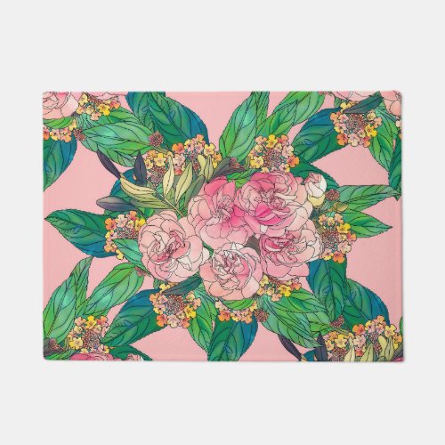 Girly Pink Watercolor Floral Hand Paint Doormat