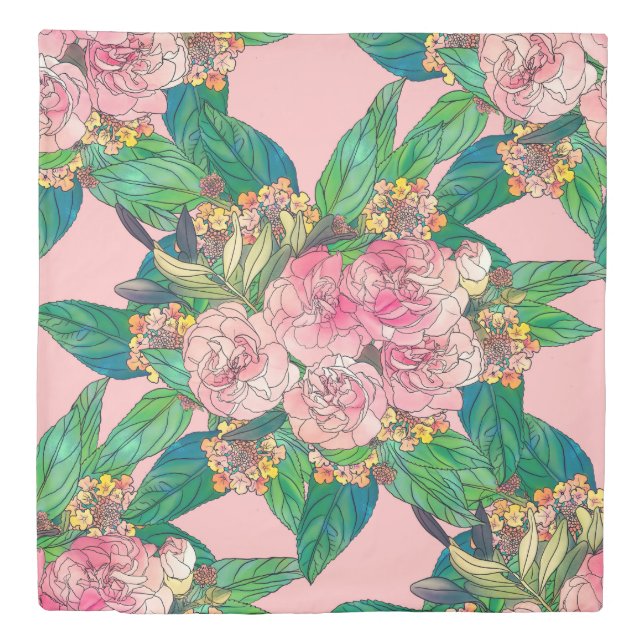 Girly Pink Watercolor Floral Hand Paint Duvet Cover (Front)