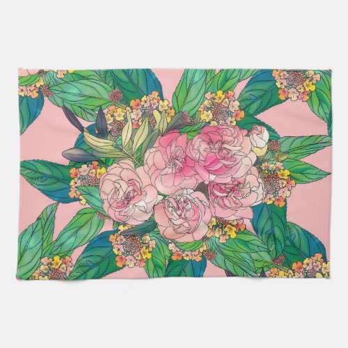 Girly Pink Watercolor Floral Hand Paint Kitchen Towel