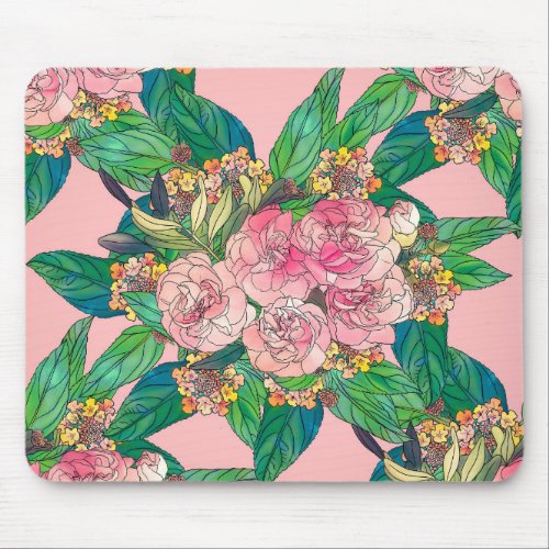 Girly Pink Watercolor Floral Hand Paint Mouse Pad