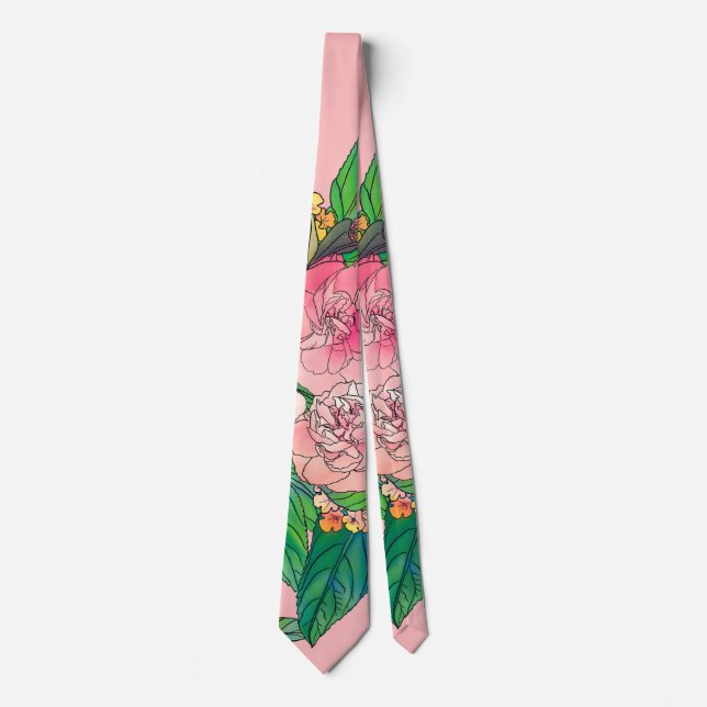 Girly Pink Watercolor Floral Hand Paint Neck Tie (Front)
