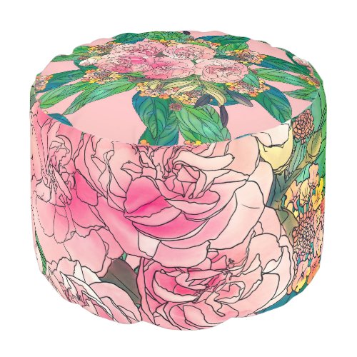 Girly Pink Watercolor Floral Hand Paint Pouf