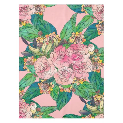 Girly Pink Watercolor Floral Hand Paint Tablecloth