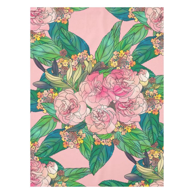 Girly Pink Watercolor Floral Hand Paint Tablecloth (Front)