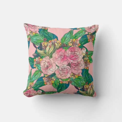Girly Pink Watercolor Floral Hand Paint Throw Pillow