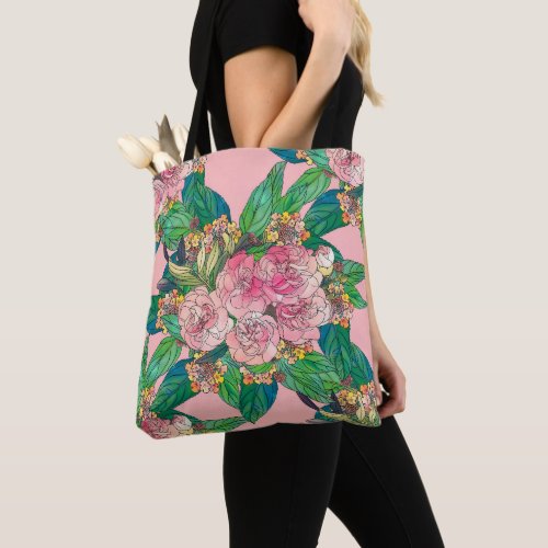 Girly Pink Watercolor Floral Hand Paint Tote Bag