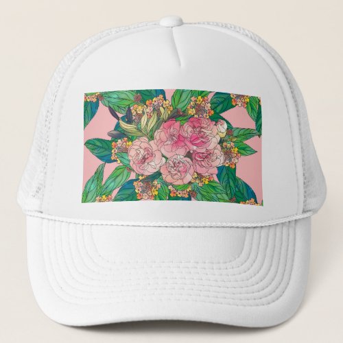 Girly Pink Watercolor Floral Hand Paint Trucker Hat