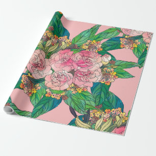 Girly Pink Watercolor Floral Hand Paint Wrapping Paper
