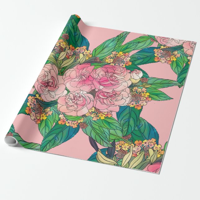 Girly Pink Watercolor Floral Hand Paint Wrapping Paper (Unrolled)
