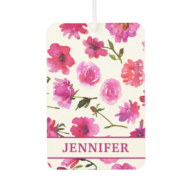 Girly Pink Watercolor Floral Personalized Name Air Freshener (Front)