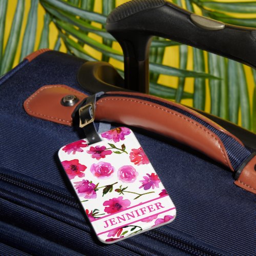 Girly Pink Watercolor Floral Personalized Name Luggage Tag