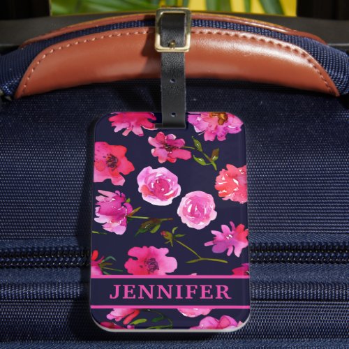 Girly Pink Watercolor Floral Personalized Name Luggage Tag