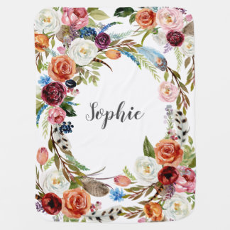 Girly Pink Watercolor Florals and Feathers Name Baby Blanket