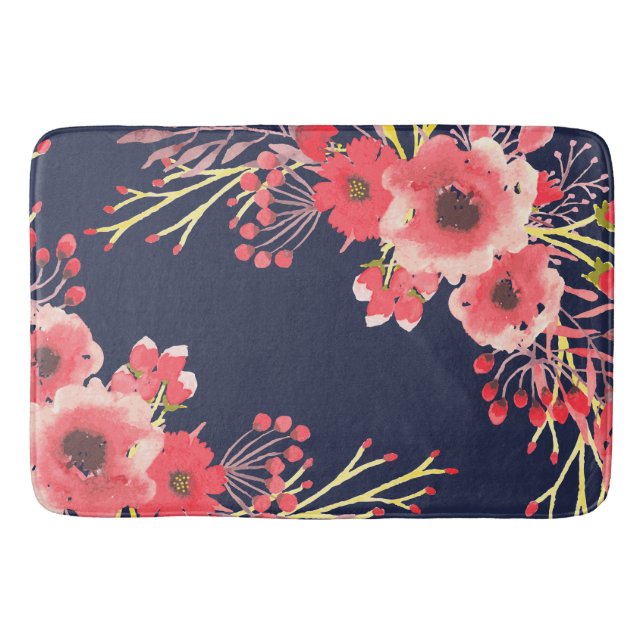 Girly Pink Watercolor Flowers & Navy Blue Bathroom Mat (Front)