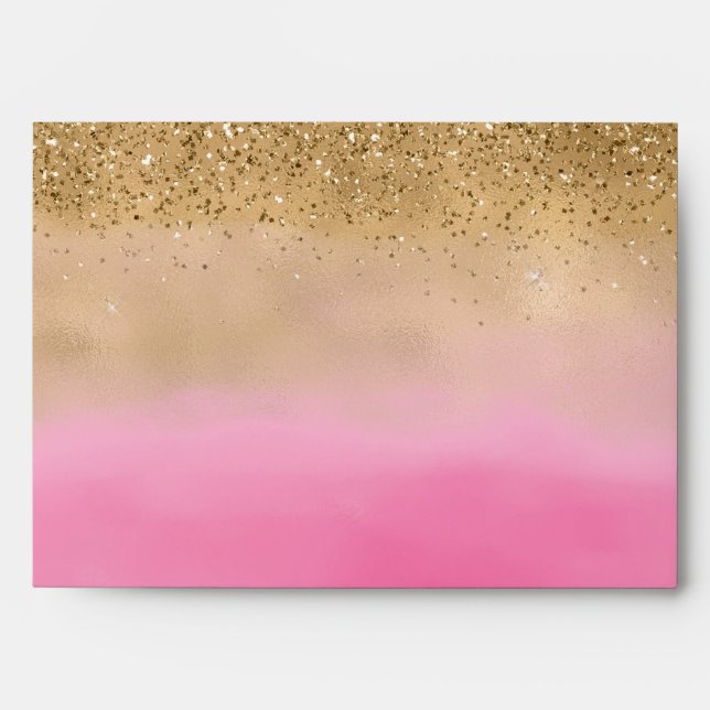 Girly Pink Watercolor Gold Glitter Envelope (Front)