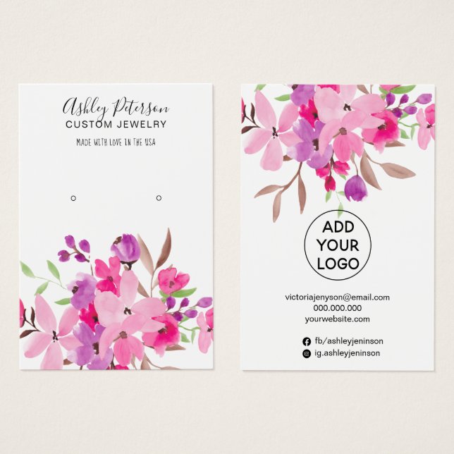 Girly pink watercolor jewelry earring display (Front & Back)